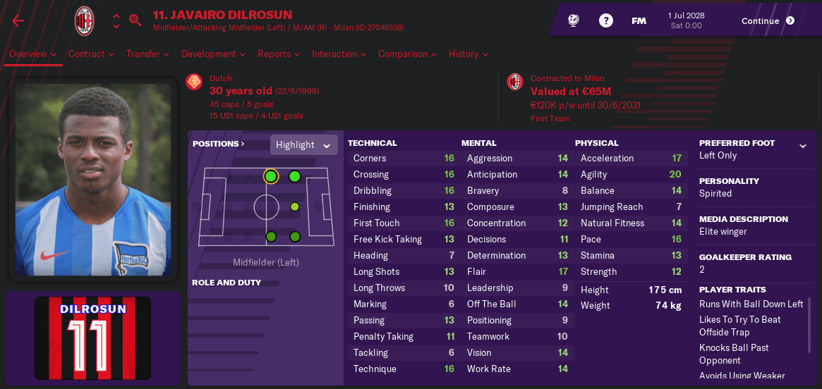 Javairo Dilrosun 2028 Football Manager 2019